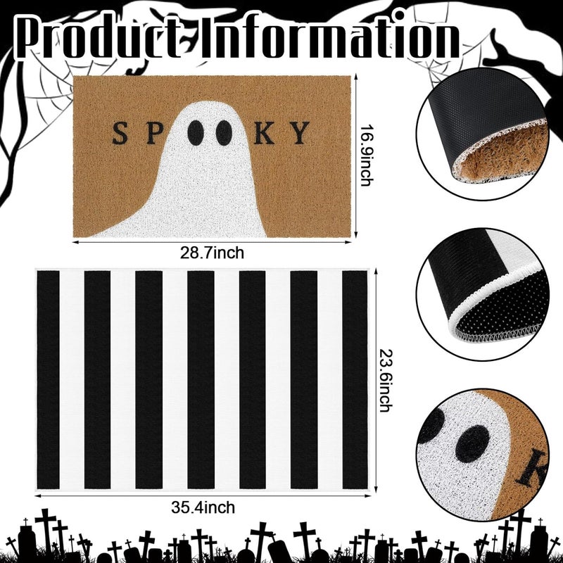 Tinideya 2 Pcs Halloween Doormat Spooky Ghost Outdoor Welcome Mats for Front Door Non Slip Ghost Coir Floor Mat Black White Stripe Halloween Rug for Outside Front Porch Entryway Decor - Image 3